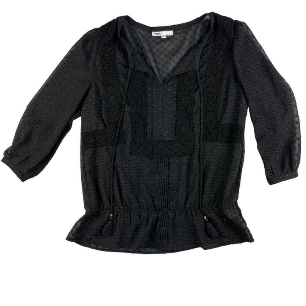 DR2 Blouse Top Womens Small Black Lace Swiss Dot Long Sleeve V Neck Drawstring